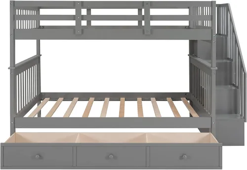 Vista 8 de Literas de tamaño matrimonial con cajones y escaleras, marco de cama de madera con almacenamiento para niños, adolescentes y adultos, desmontable