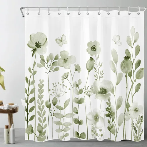 Vista 34 de Cortina de ducha con diseño bohemio de plantas y flores de acuarela sobre fondo beige, cortina de ducha de baño con hojas naturales, cortina