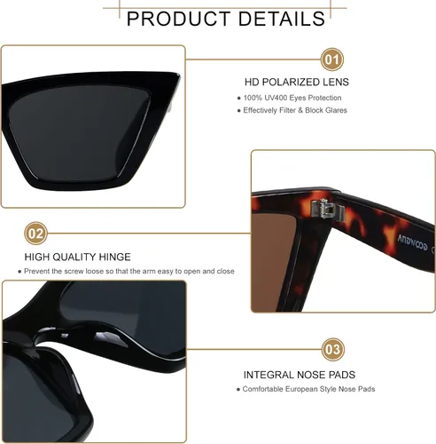 Vista 3 de ANDWOOD Lentes de sol polarizados con diseño de ojo de gato para mujer, estilo vintage, cuadrados, clásicos, retro, (2 unidades) negro+demi Lente
