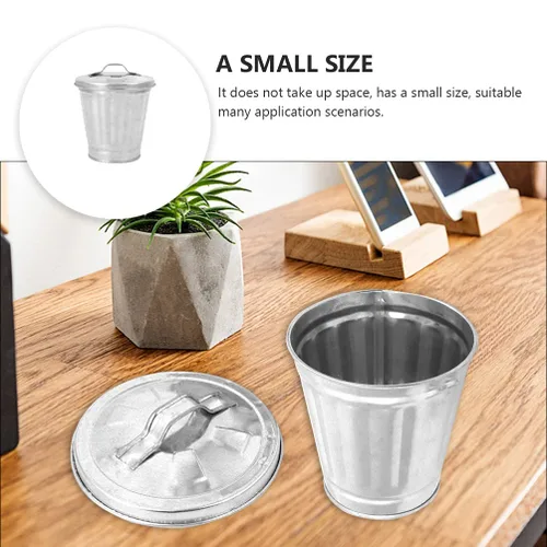 Vista 8 de NUOBESTY Mini basurero de escritorio con tapa, pequeño bote de basura de metal, para oficina, hogar, dormitorio, contenedor de basura compacto