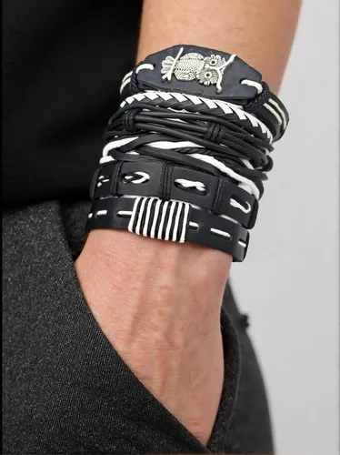 Vista 2 de Juego de 8 pulseras de cuero punk para hombres y mujeres, 6 puños trenzados de poliuretano, collar y llavero, ajustable, apilable