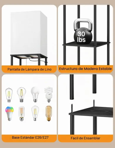 Vista 6 de OUTON Floor Lamp with Shelves, Modern Square Standing Shelf Lamp, Black Black & Square