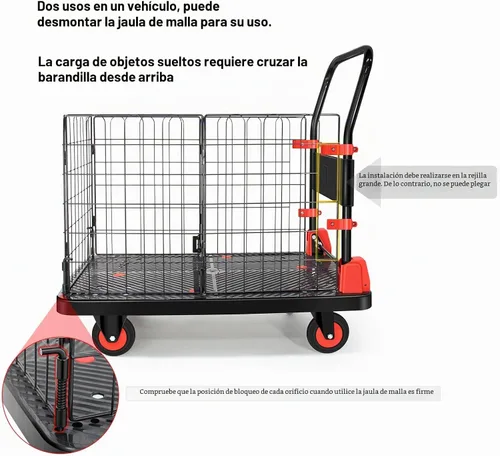 Vista 3 de Carro de mano resistente con jaula, carrito extraíble de jaula con ruedas, carga de 660 libras, carrito de comestibles multiusos, almacenamiento