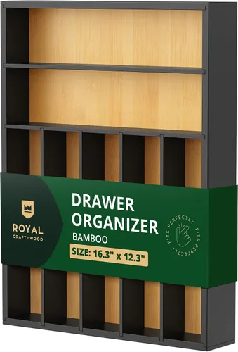Vista 22 de ROYAL CRAFT WOOD Organizador de cajones de cocina de bambú de lujo, organizador de cubiertos, soporte para utensilios y bandeja de cubiertos