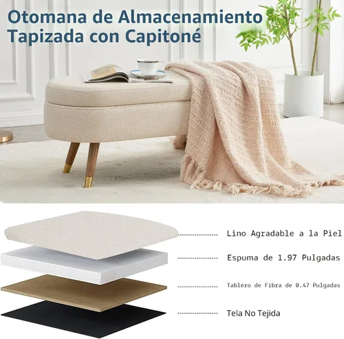 Vista 5 de IAFIKE Banco de almacenamiento ovalado de 43.5" Banco otomano tapizado de tela bouclé Banco reposapiés con patas de metal dorado, extremo de cama