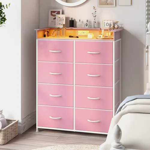 Vista 11 de Cómoda de tela para dormitorio con luz LED y estación de carga, cómoda alta con 8 cajones, cómoda negra y cómoda para armario, sala de estar