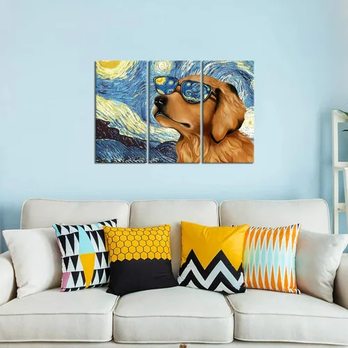 Vista 3 de Kaloremore Van Gogh Starry Night in Cool Dog Golden Retriever - Pintura de gafas de sol Giclée impresiones en lienzo envuelto en galería, 3 piezas