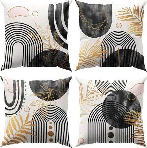 Vista 10 de Juego de 4 fundas de almohada abstractas de color negro y beige de 16 x 16 pulgadas, modernas fundas de cojín a rayas para sala de estar, sofá