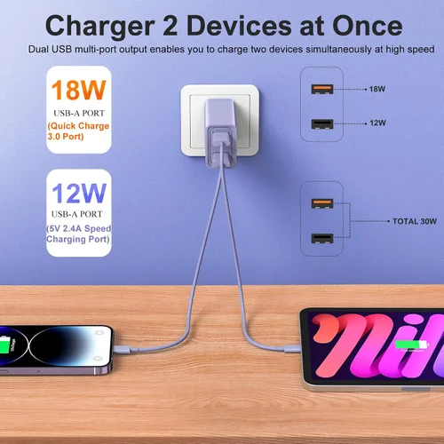 Vista 2 de [Paquete de 4] Cargador de pared USB-C, adaptador de corriente QC 3.0 de doble puerto de 30 W, bloque de carga rápida de doble enchufe compatible