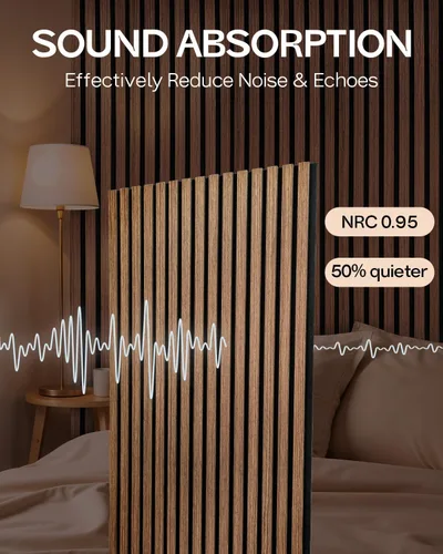 Vista 2 de Paneles acústicos de pared con listones de madera, 2 paneles de amortiguación de sonido de 47.24 x 23.82 pulgadas con acabado de madera natural