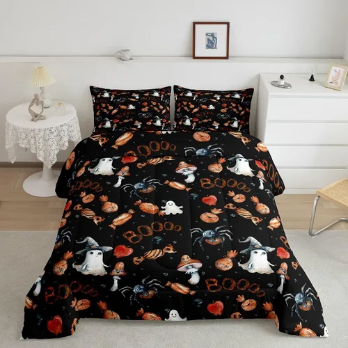 Vista 10 de Erosebridal Ropa de cama de Halloween para niños y niñas, juego de edredón espeluznante de dibujos animados, tamaño individual, relleno de edredón