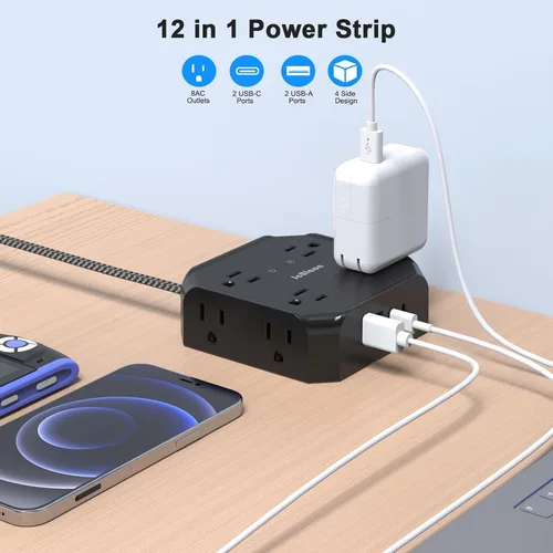 Vista 2 de Protector de sobretensiones - Cable de extensión de enchufe plano de 15 pies con 8 tomas amplias y 4 puertos USB (2 USB C), extensor de salida