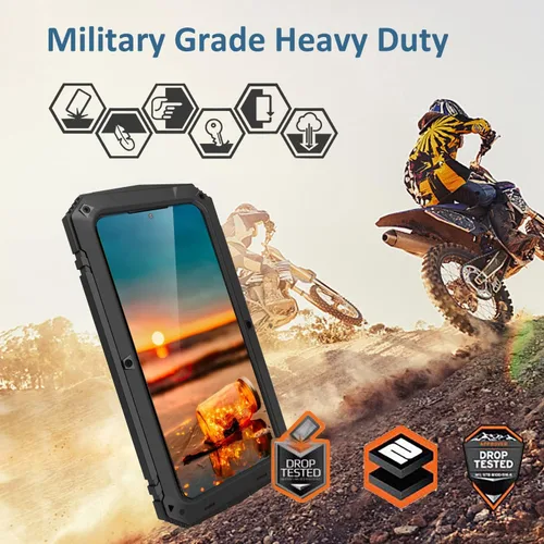 Vista 7 de Funda de metal para Samsung S22 5G con función atril, protector de pantalla integrado, resistente armadura militar duradera, cuerpo completo Negro