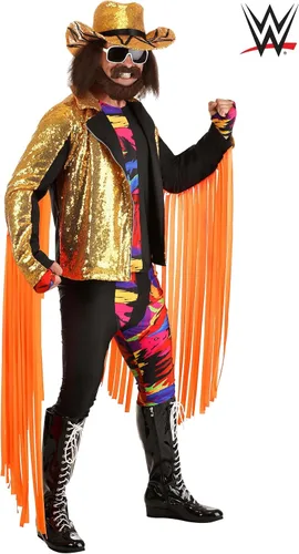 Vista 2 de WWE - Disfraz de hombre macho Randy Savage para hombre, disfraz de luchador de Halloween, sombrero de vaquero de lentejuelas, guantes sin dedos