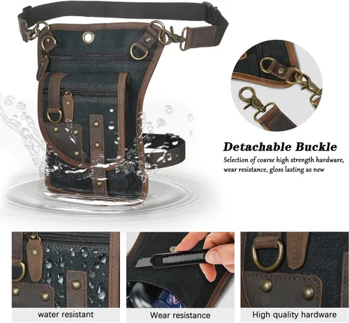 Vista 4 de Handadsume Lona resistente al agua + cuero para motocicleta, viajes, riñonera de viaje, bolsa de pierna para hombres y mujeres FB2141, 2141-negro