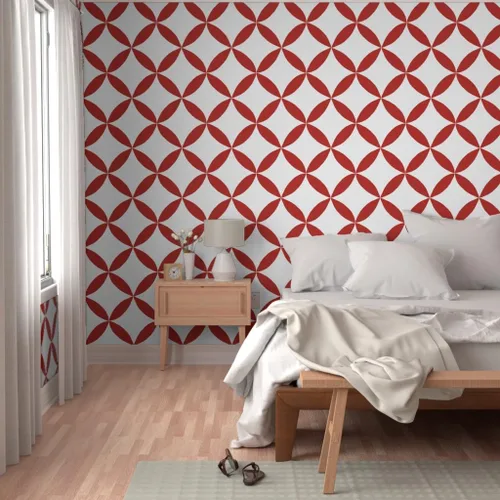 Vista 5 de Muestro de papel tapiz extraíble, círculo geométrico rojo, pétalos blancos, minimalista, floral, a gran escala, medio, cuatro pétalos, Scandi, casa
