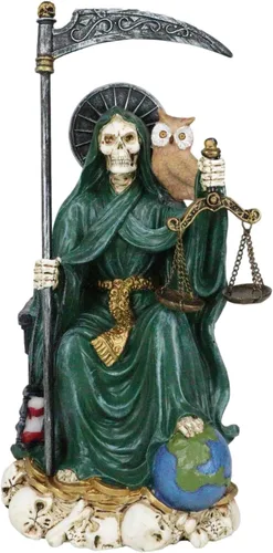 Vista 6 de Ebros Gift Santa Muerte Sosteniendo Guadaña Reloj de arena y escalas de justicia con búho sabio sentado en el trono Estatuilla Hueso de la Muerte