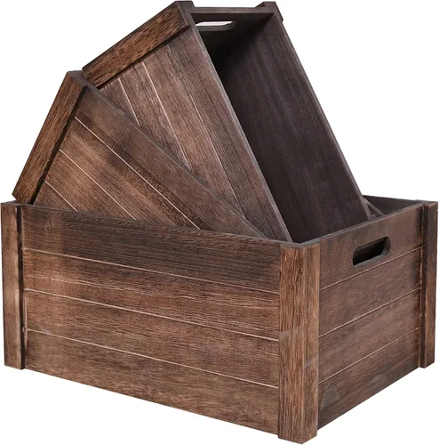Vista 9 de Cajas modernas de madera blanca para almacenamiento, cajas decorativas rústicas, juego de 3 cajas de almacenamiento de madera extra grandes