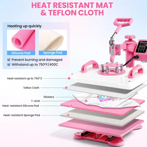 Vista 5 de Whubefy Máquina de prensa de calor 5 en 1 de 15 x 12 pulgadas con prensa de vasos, máquina de prensa de calor por sublimación industrial