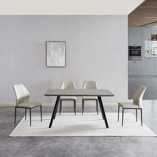 Vista 35 de ZckyCine Conjunto moderno de mesa de comedor de 5 piezas con mesa rectangular de madera y 4 sillas tapizadas en cuero, capacidad para 4 personas
