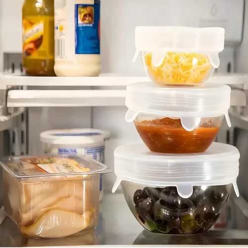 Vista 5 de Tapas elásticas reutilizables de silicona para almacenamiento de alimentos en el refrigerador, cubiertas redondas de silicona flexibles para tazones