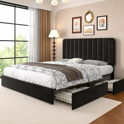 Vista 18 de VECELO Base de cama tapizada de tamaño matrimonial con 4 cajones y cabecero, plataforma de terciopelo, soporte de listones de madera, no necesita
