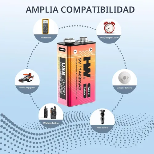 Vista 3 de HW Paquete de 4 baterías de 9 voltios, batería de litio recargable de 1400 mAh de 9 V con cable de carga rápida USB C, baterías cuadradas de más