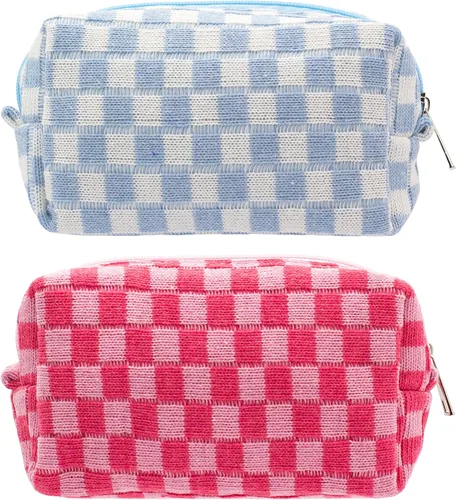 Vista 43 de PAZIMIIK Bolsa de Maquillaje a Cuadros para Bolso Portátil con Cremallera, Estuche Pequeño de Cosméticos para Accesorios de Viaje, Azul Ártico