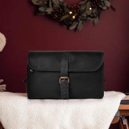 Vista 7 de LEATHER VILLAGE DOPP-3, Negro Genuine Buff Leather, 11X7 In Folded & 20X11 In Open, Ykk Zippers, Brass Hook,Water Resistant Canvas Lining, For Men