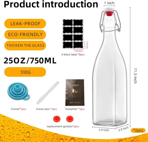 Vista 2 de Paquete de 2 botellas de vidrio cuadradas de 25 onzas, botellas de 25 onzas líquidas con tapones herméticos para kombucha, kéfir, extracto