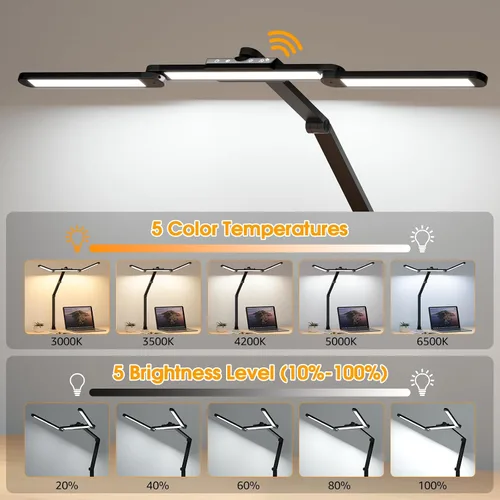 Vista 2 de ShineTech Lámpara LED de escritorio para oficina en casa, 25 modos de iluminación, lámpara LED con brazo oscilante con abrazadera, sensor de gestos