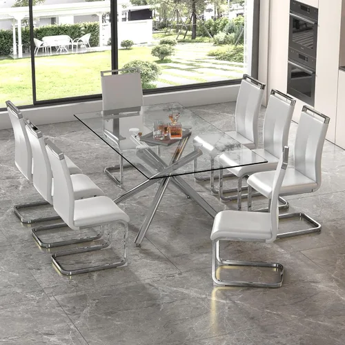 Vista 27 de Juego de 6 mesas de comedor de cristal, moderno juego de mesa de comedor de vidrio templado rectangular transparente de 71 pulgadas y 6 sillas
