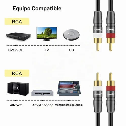Vista 3 de J&D Cable RCA, 2 RCA macho a macho, carcasa de cobre chapada en oro, resistente, compatible con altavoz, amplificador, subwoofer, 3 pies