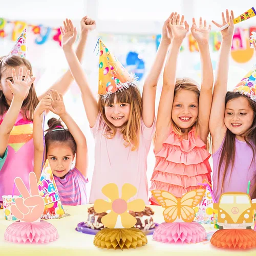 Vista 5 de 9 piezas Groovy Hippie Boho Party Honeycomb Centers Retro Boho Rainbow Daisy Flower Butterfly Peace Theme Decoración de fiesta de cumpleaños