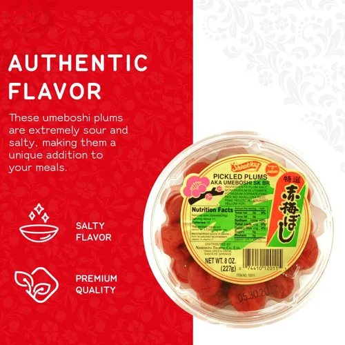 Vista 4 de Shirakiku Ciruelas saladas Aka Umeboshi Umeboshi japonés para aderezos de ensalada, verduras cocidas y salsas Ciruela, sal, glutamato monosódico