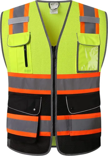 Vista 7 de Chaleco de seguridad reflectante para hombres y mujeres, chaleco de malla de alta visibilidad con 9 bolsillos y cremallera frontal, chaleco