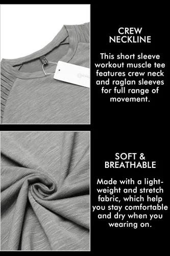 Vista 6 de COOFANDY - Camiseta muscular para hombre, camiseta de manga raglán plisada para culturismo, camisetas a la moda de manga corta para entrenar