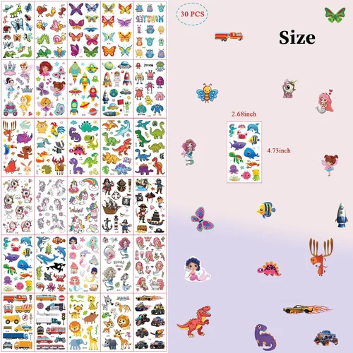 Vista 3 de Tatuajes para niños de más de 350 años, 16 tipos mixtos de tatuajes temporales para niñas y niños, dinosaurios espaciales, animales, mariposa
