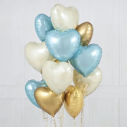 Vista 4 de Globos de corazón azul, dorado y blanco, 18 pulgadas, globos de papel de aluminio azul bebé y crema, 12 piezas, globos de helio en forma de corazón