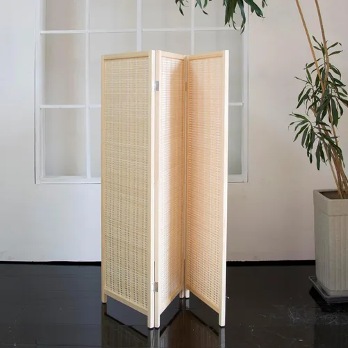 Vista 5 de Divisor corto de habitación de 3 paneles – Pantalla de privacidad plegable de doble cara de 3.9 pies de alto, pared de división de bambú beige