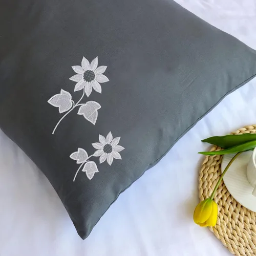 Vista 4 de Funda de almohada súper suave, microfibra cepillada, bordado elegante, gris estándar/tamaño Queen, juego de 2 piezas