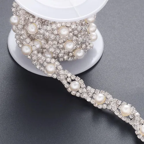 Vista 10 de Jerler Cadena de diamantes de imitación de cristal de 1 yarda, cuentas de perlas incrustadas para decoración de bricolaje y adornos de novia, ideal