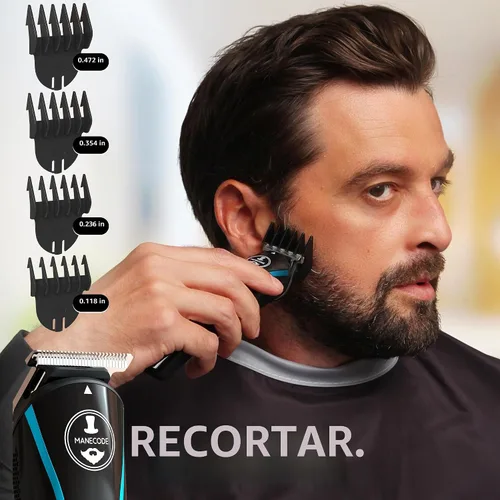 Vista 5 de MANECODE® Cortadora de barba y cabello para hombres – Self-Sharp Blades® USB-C, impermeable, pantalla LED, kit de aseo múltiple