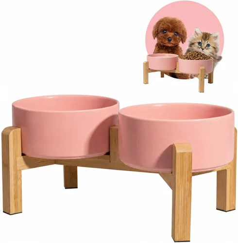Vista 9 de Tazón elevado de cerámica para perros, 3.6 tazas de comida y agua para Rosa