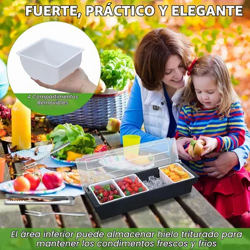 Vista 6 de Bandeja para decorar frutas con tapa, pinzas y tenedores, 4 compartimentos Chilled Condiment Container for Bartender, Removable Compartments Keep