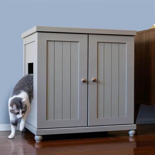 Vista 14 de THE REFINED FELINE Armario de caja de arena para gatos, cabaña, gris humo, pies de mediados de siglo, grande, muebles de arena oculta para gatos