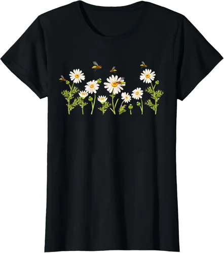 Vista 34 de Marguerites Daisy - Camiseta de verano con margaritas de jardín de flores, Negro, S