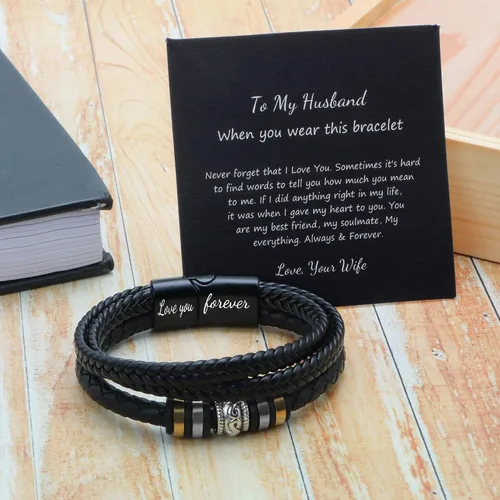 Vista 7 de Pulsera de cuero negro para hombre con correa de piel negra para hombre