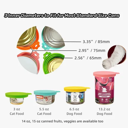 Vista 2 de Tapas de silicona para latas de comida para gatos/perros, 3 tamaños universales para latas de comida para mascotas de 3 onzas, 5.5 onzas, 6.5 onzas