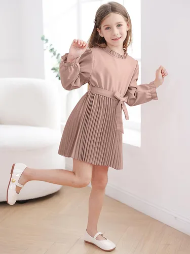 Vista 3 de Kimoda Vestidos de otoño para niñas pequeñas, 2-6T, vestidos para niña pequeña, cuello con volantes, plisado, vestido casual para niñas